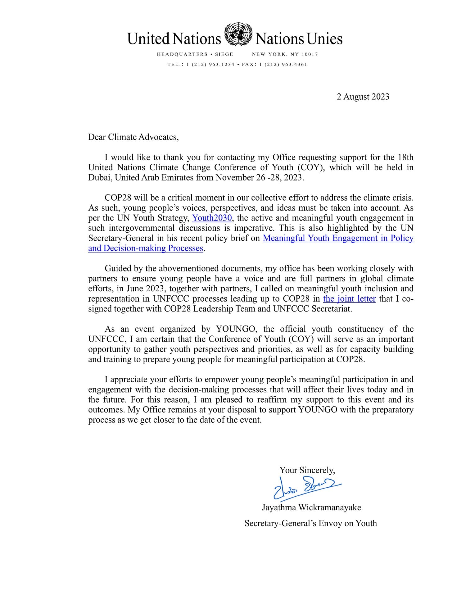 COY18 endorsement letter from the UN Secretary-General's Envoy on Youth