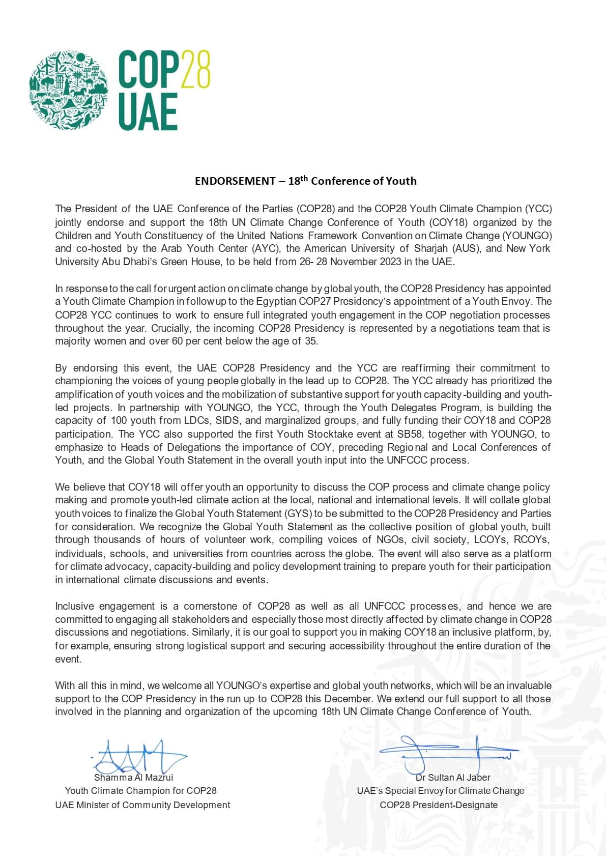 COY18 endorsement from the COP28 Presidency and Youth Climate Champion