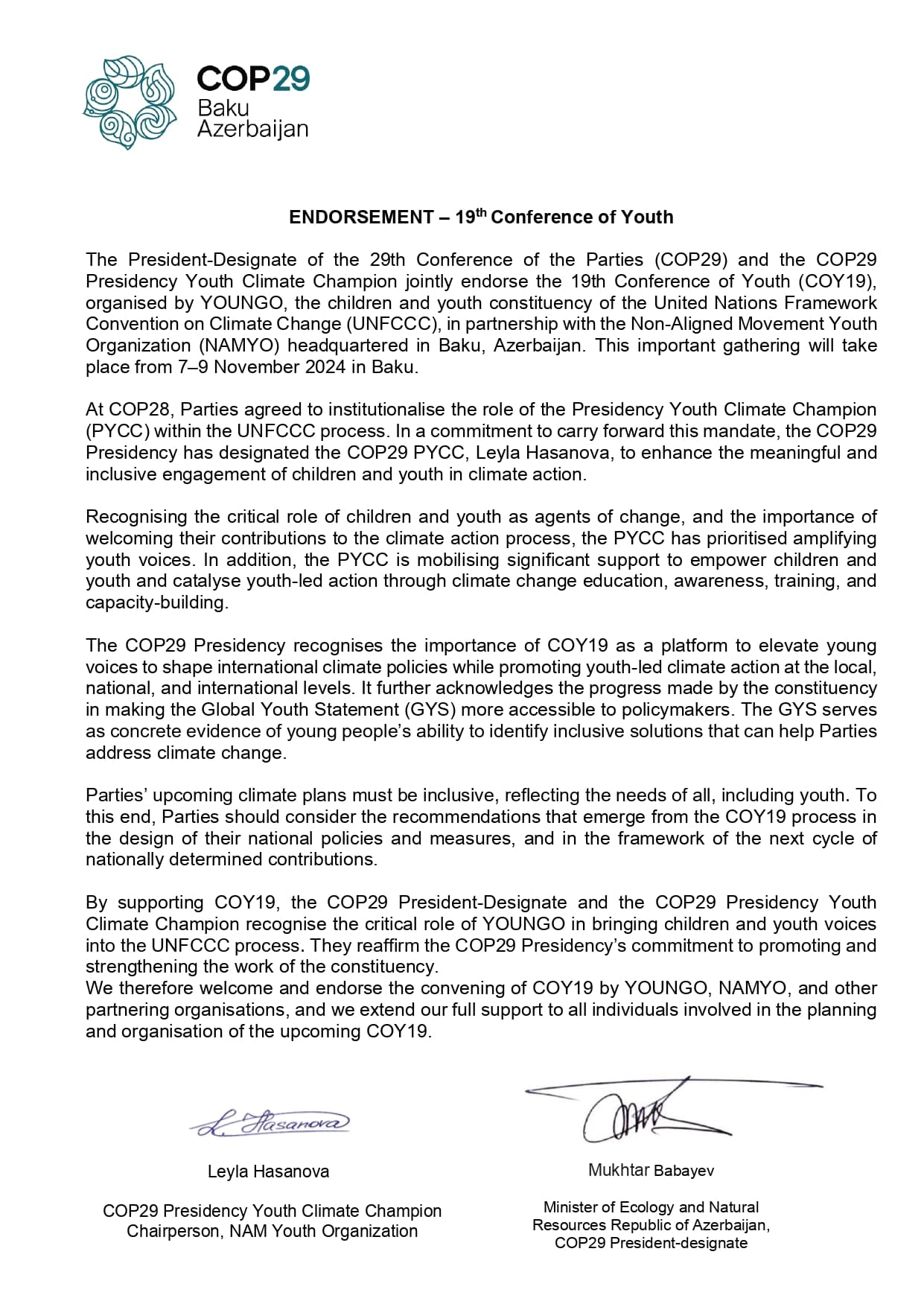 ENDORSEMENT — 19th Conference of Youth