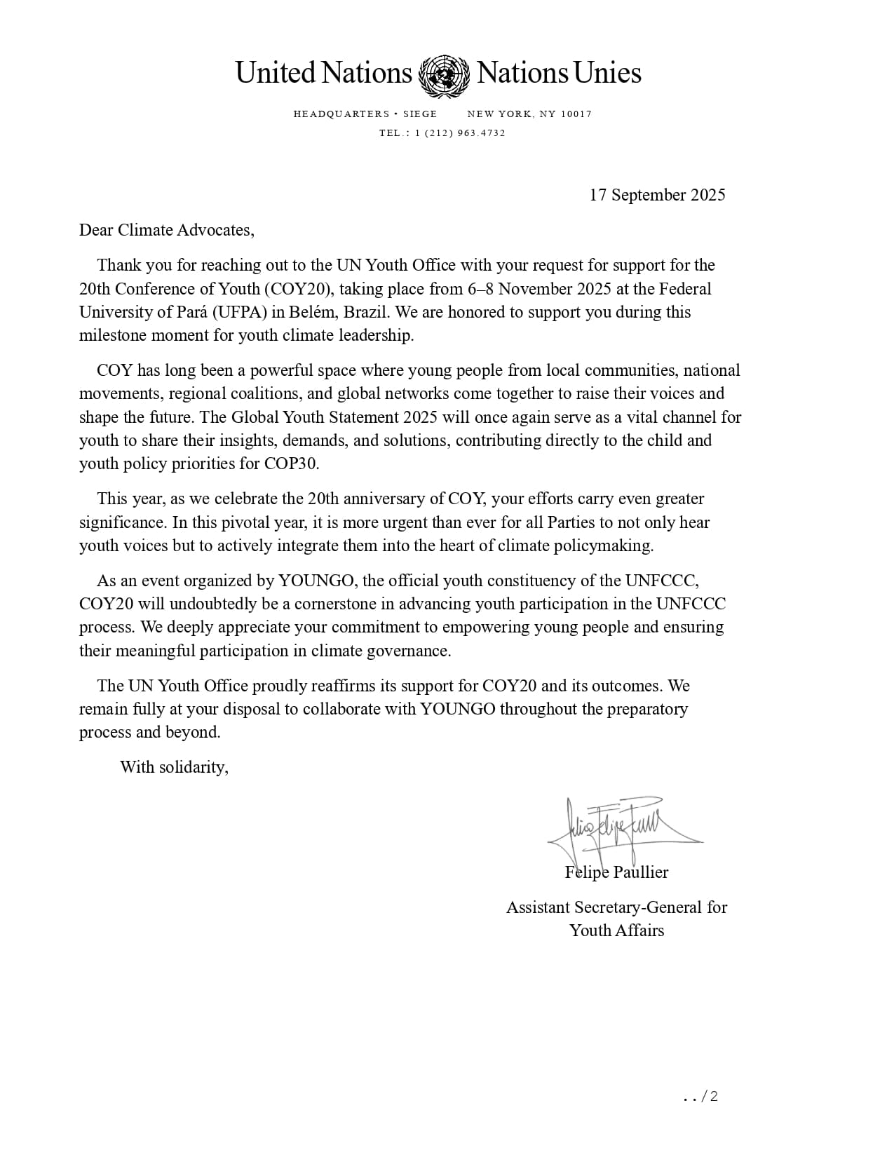 COY20 Endorsement Letter — UN ASG for Youth Affairs