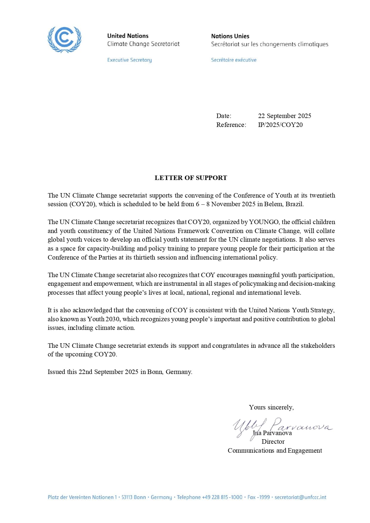 COY20 Support Letter — UNFCCC Secretariat