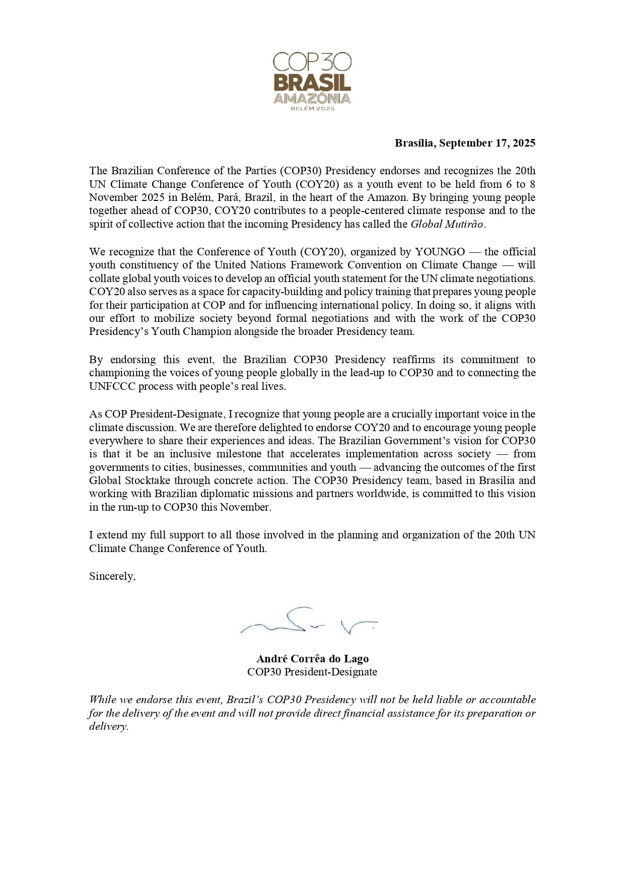 COY20 Endorsement Letter — COP30 Presidency